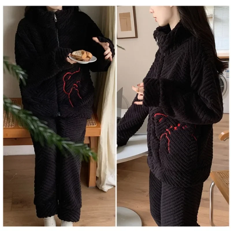 Long-haHbf-Pyjama à fleurs coupées pour femme, cardigan debout doux, pantalon à manches longues, vêtements de détente grande taille, 2023 kg, hiver