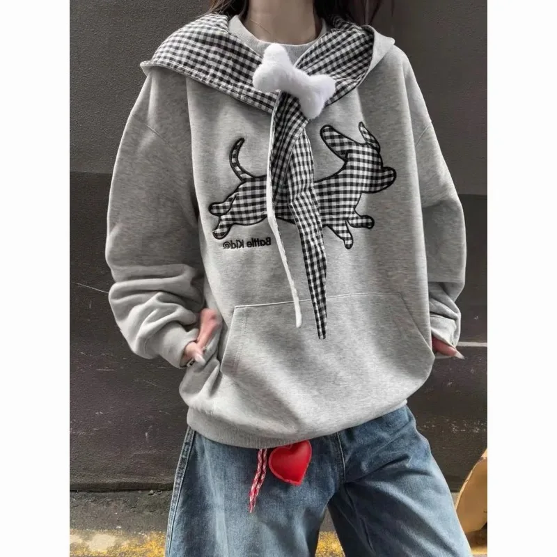 

American Embroidered Puppy Plaid Strap Hooded Thin Sweatshirt for Women Autumn Winter College Style