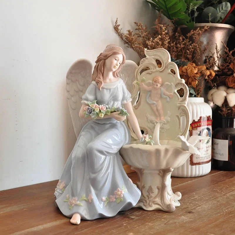 Home Crafts Ceramic Flower Fairy Angel Figurine Peaceful Angel with Pigeon Sculpture Desktop Ornament Exquisite Birthday Gifts