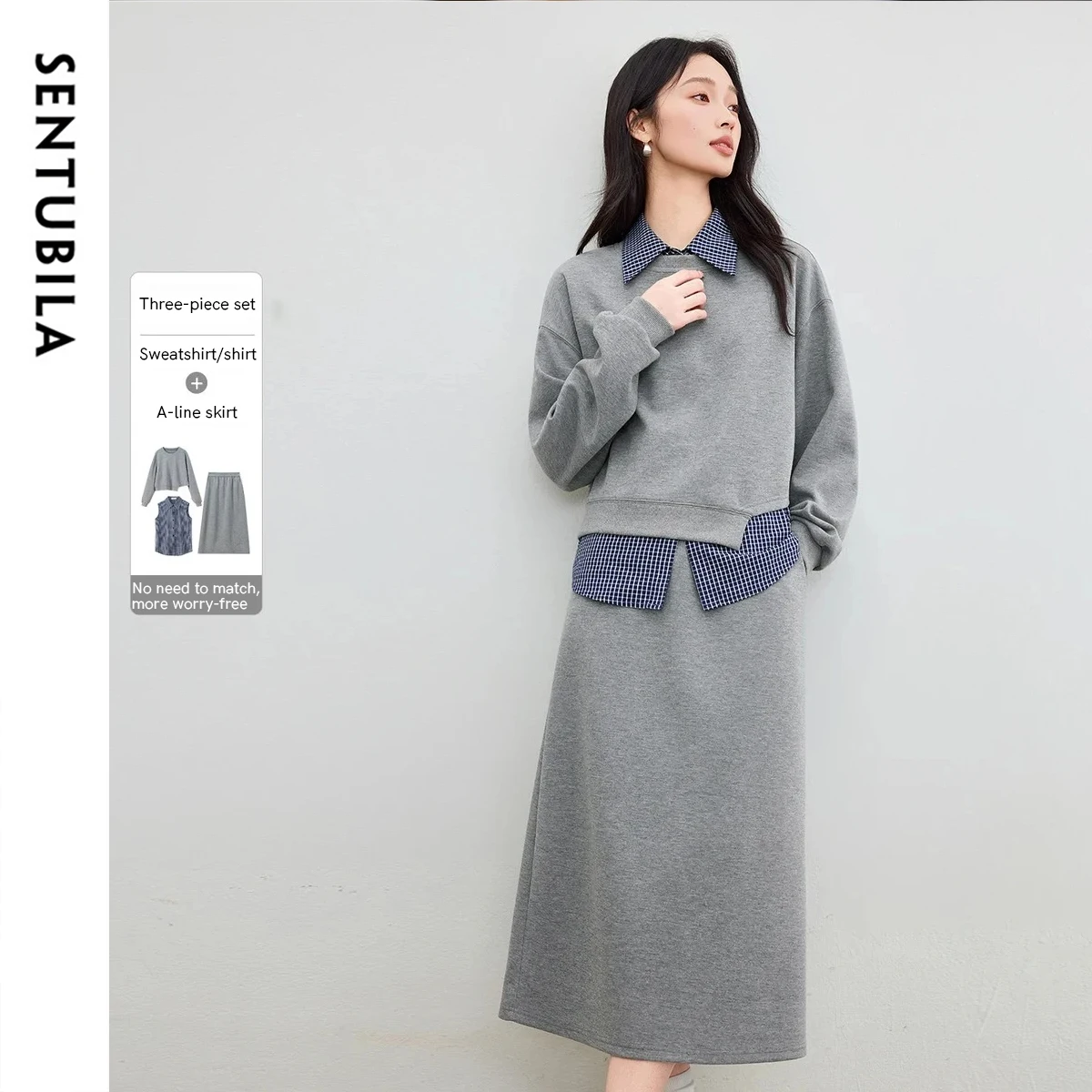 

SENTUBILA Autumn Women's Skirt Set 2026 New Commute O-neck Sweatshirt Plaid Sleeveless Shirt Knitted Midi Skirt Female 153ZA2481