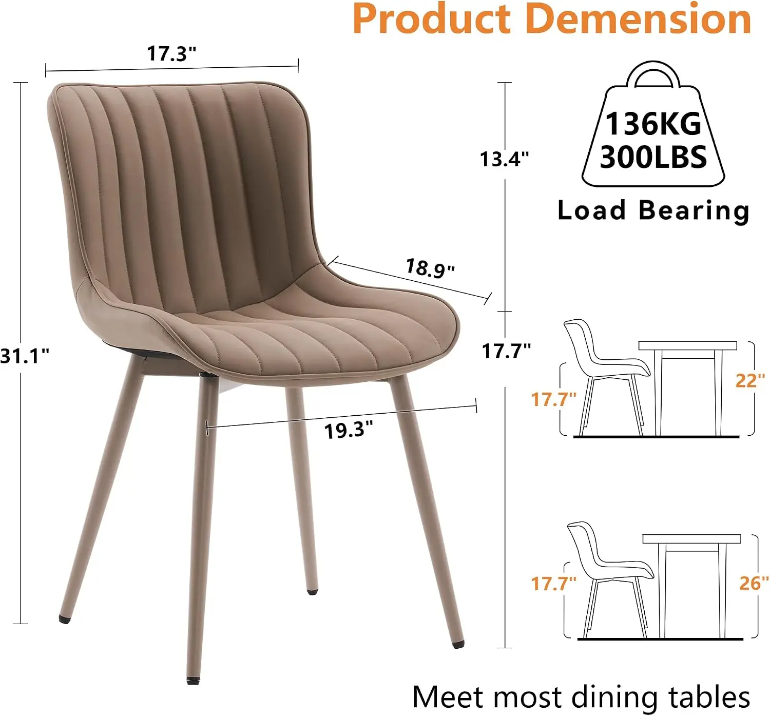 2-Piece Dining Chair Set, Mid-Century Modern Kitchen Chairs, Khaki