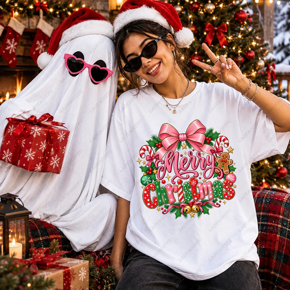 Pink Bow Funny Merry Christmas Candy Cane Holly Cute Xmas Holiday Winter Girls Womens Comfy Cotton Graphic Tee Women Clothes