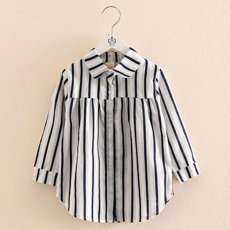 2024 Spring Autumn Fashion 2 3 4 Years 100 110 cm Long Design Full Sleeve Kids Girl Stripe Loose Blouses Shirts