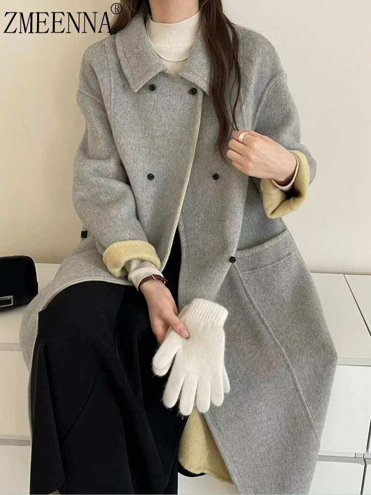 

ZMEENNA Women's Double Breasted Long Coat Wool Blend Outerwear With Notched Lapel Casual Loose Fit Jacket ZM3967