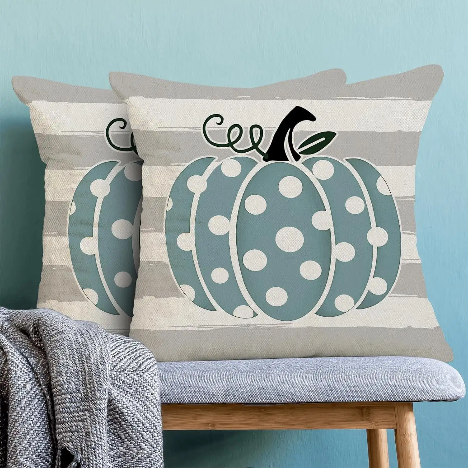 Fall Pillow Covers 16 x 16 Inch, Teal Blue Pumpkin Grey Stripe Decor Throw Pillows for Home Couch Bed, Autumn Thanksgiving