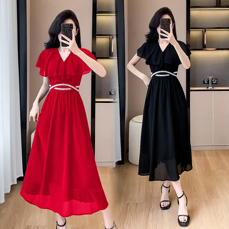 

2025 New Women Summer Dress New High-end Chiffon Pearl Border Waist Cinched Mid Length Dress Ladies Office Dress Women Clothing