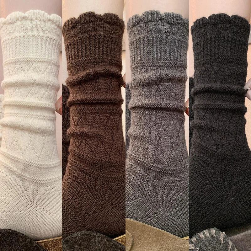Autumn Winter Women Thick Wool Knit Socks Solid Color Frilly Lettuce Trim Socks High Quality Stockings Comfort Fashion Socks
