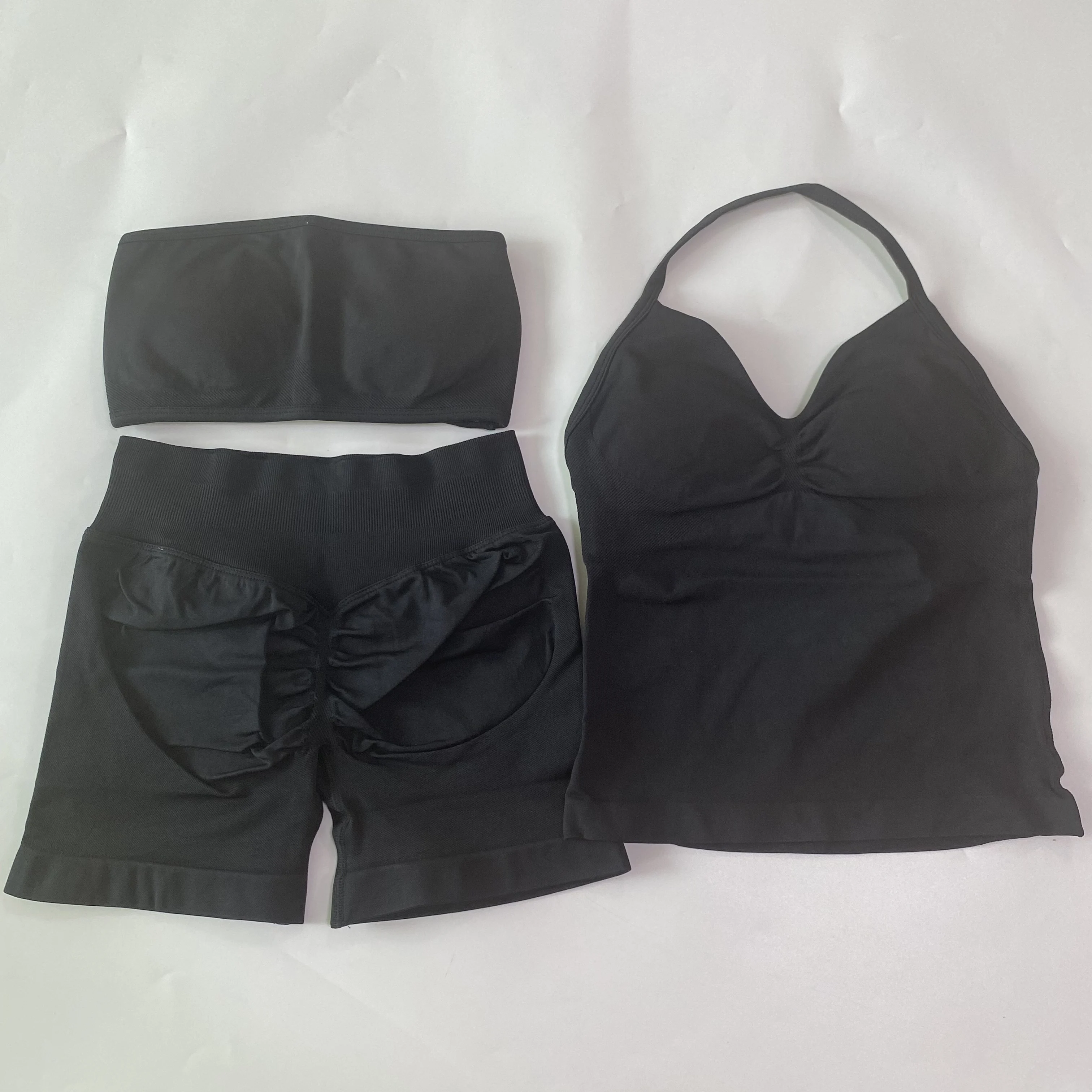 3-teiliges Yoga-Set für Damen, rückenfreier Bandeau-Sport-BH + langes Top mit Trägern + Scrunch-Shorts, Sportbekleidung, Outfit-Sets, Gym-Set – Detail 22