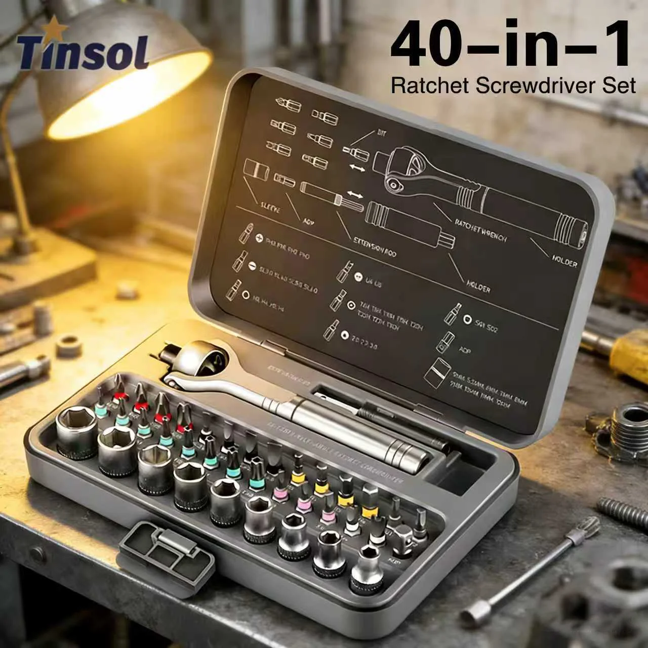 TINSOL 40-in-1 Ratchet Screwdriver Set with Magnetic Bits, Suitable for Computer, Mobile Phone, and Home Repair Tools