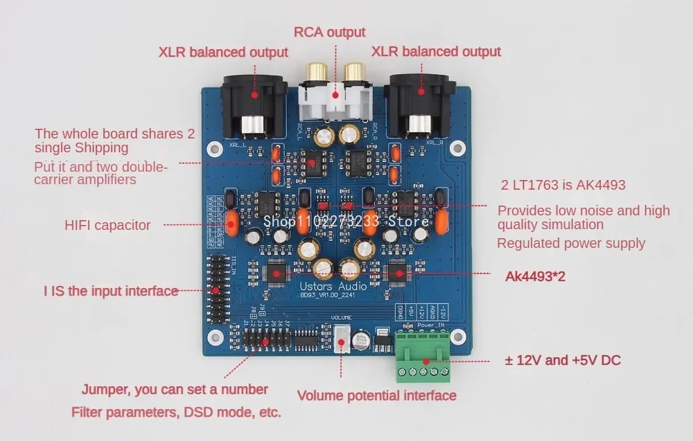 BoMaSDual AK4493 SEQ DAC Decoding RCA/XLR Output 32Bit/PCM384KHz 256 DSD Soft Control Decoding Board