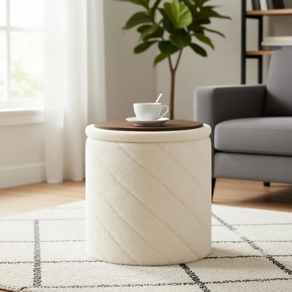 Round Storage Ottoman with Tray, Ideal for Dorms and Living Rooms, White, 16.93x16.93x17.72