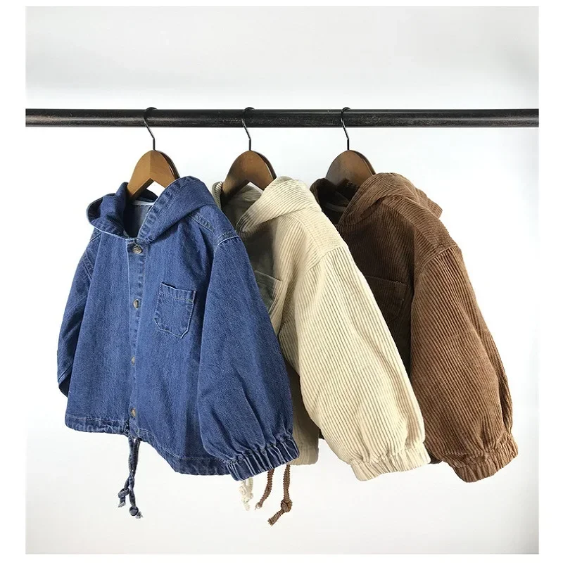 New Corduroy color casual cardigan spring children's jacket boy western fashion hooded denim jacket girl baby pure  jacket