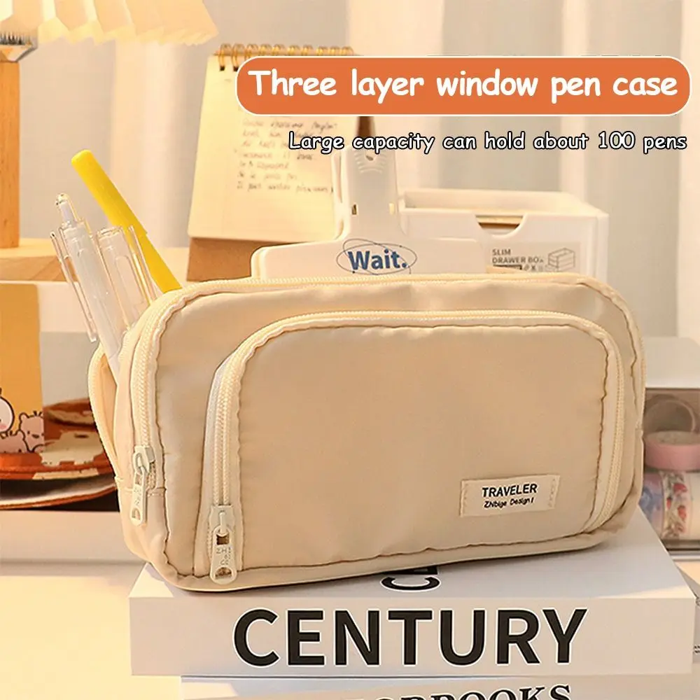 Portable Large Capacity Pencil Bag Multi-layer Solid Color Pen Pouch Pencil Case Students Supplies