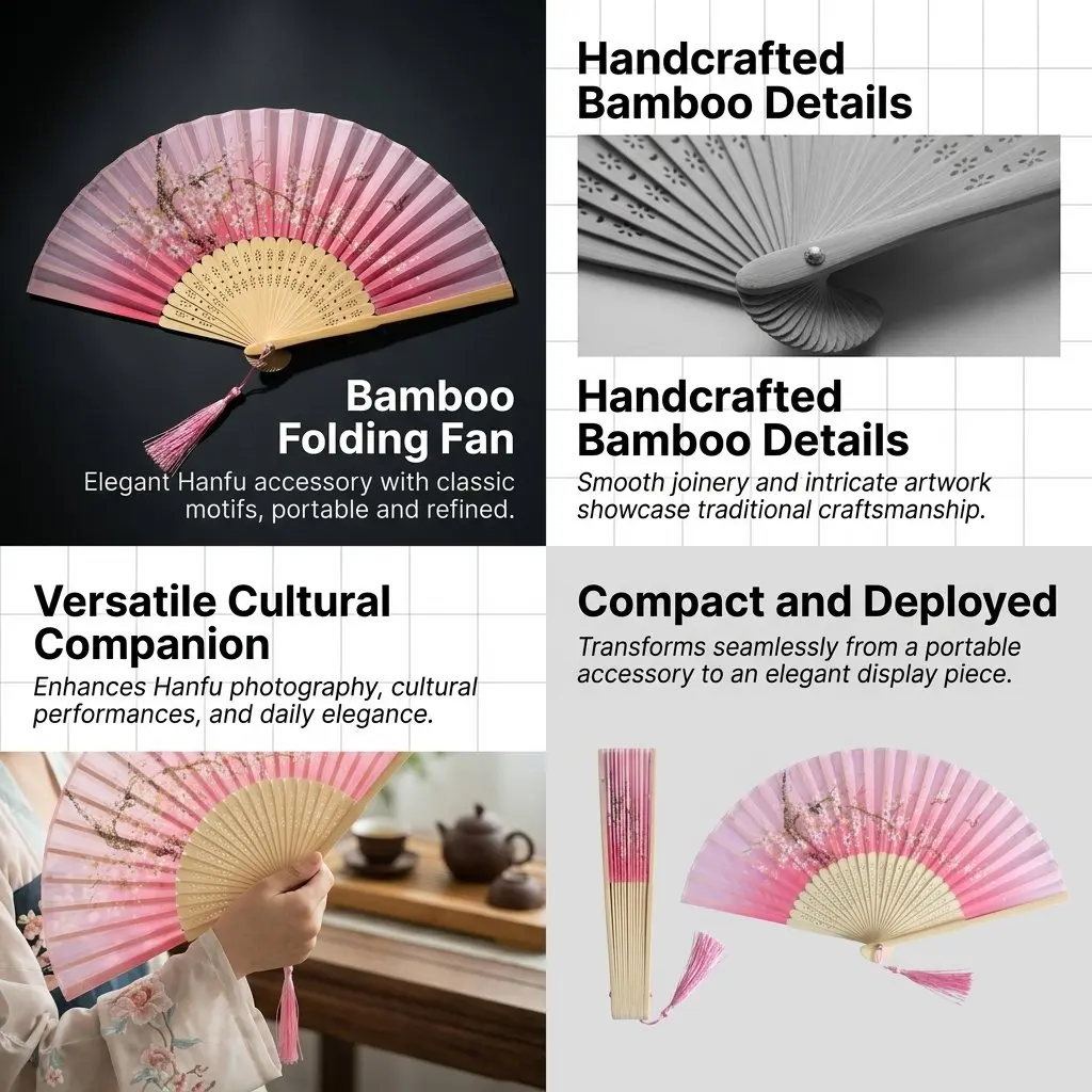 1PC Folding Hand Fan Elegant Bamboo Chinese Style Accessory for Women Hanfu Summer Events Retro Portable Cooling Tool
