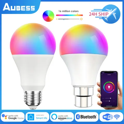 Aubess WiFi 스마트 전구 블루투스 호환 15W/9W B22 E27 LED RGBCW 스마트 전구 음성 제어 Google 홈 Yandex Alice, Google Home Yandex Alice 호환