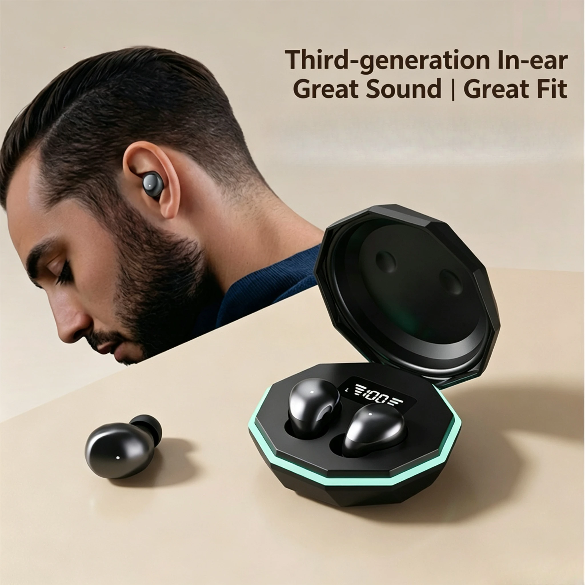 Third Gen True Wireless In-Ear Bluetooth Earbuds Lightweight Earphones with Digital Display Charging Case for Everyday Use