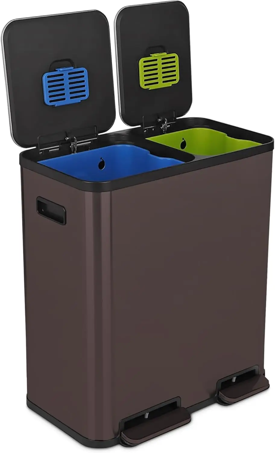 

70L Dual Compartment Step Trash Can with Soft-Close Lid, Stainless Steel Foot Pedal, Brown