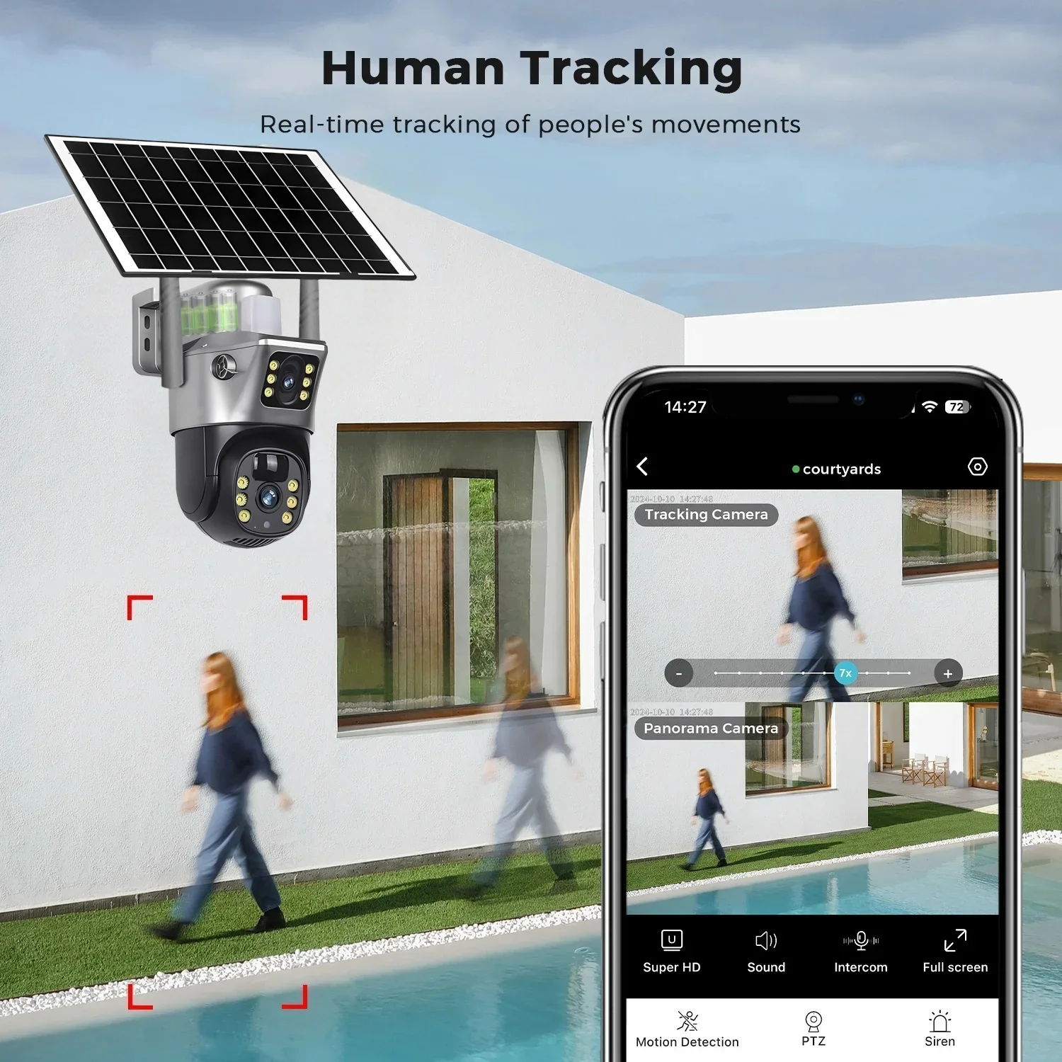 Telecamera WIFI solare HD da 8 MP CCTV Monitor di protezione di sicurezza a doppia lente Rilevamento umano Telecamere PTZ V380 per esterni impermeabili a bassa potenza