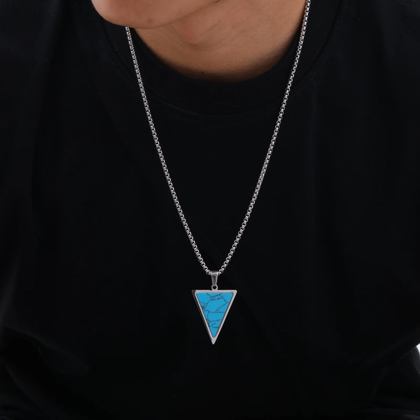 Inverted Triangle Pendant Necklace for Men Boys,Nature Stone Stainless Steel Necklaces,Hiphop Rap Man Jewelry Accessories