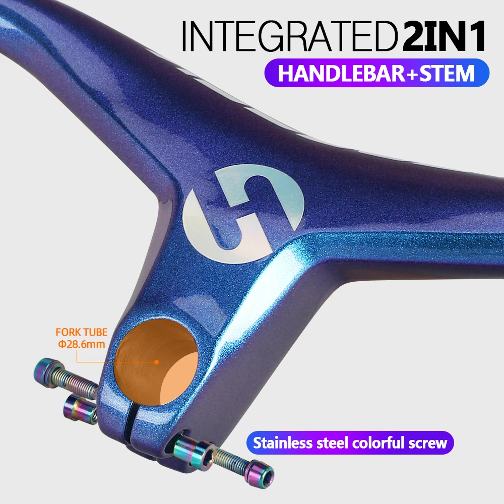 TOSEEK-Carbon Fiber Integrated Handlebar Stem, Mountain Bicycle Parts, Dazzle Blue to Purple Glossy, 17 Degrees, MTB