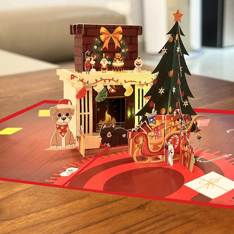 Wholesale Custom Sound Recordable Music 3d Pop Up Luxury Christmas LED Light Greeting Gift Paper Cards