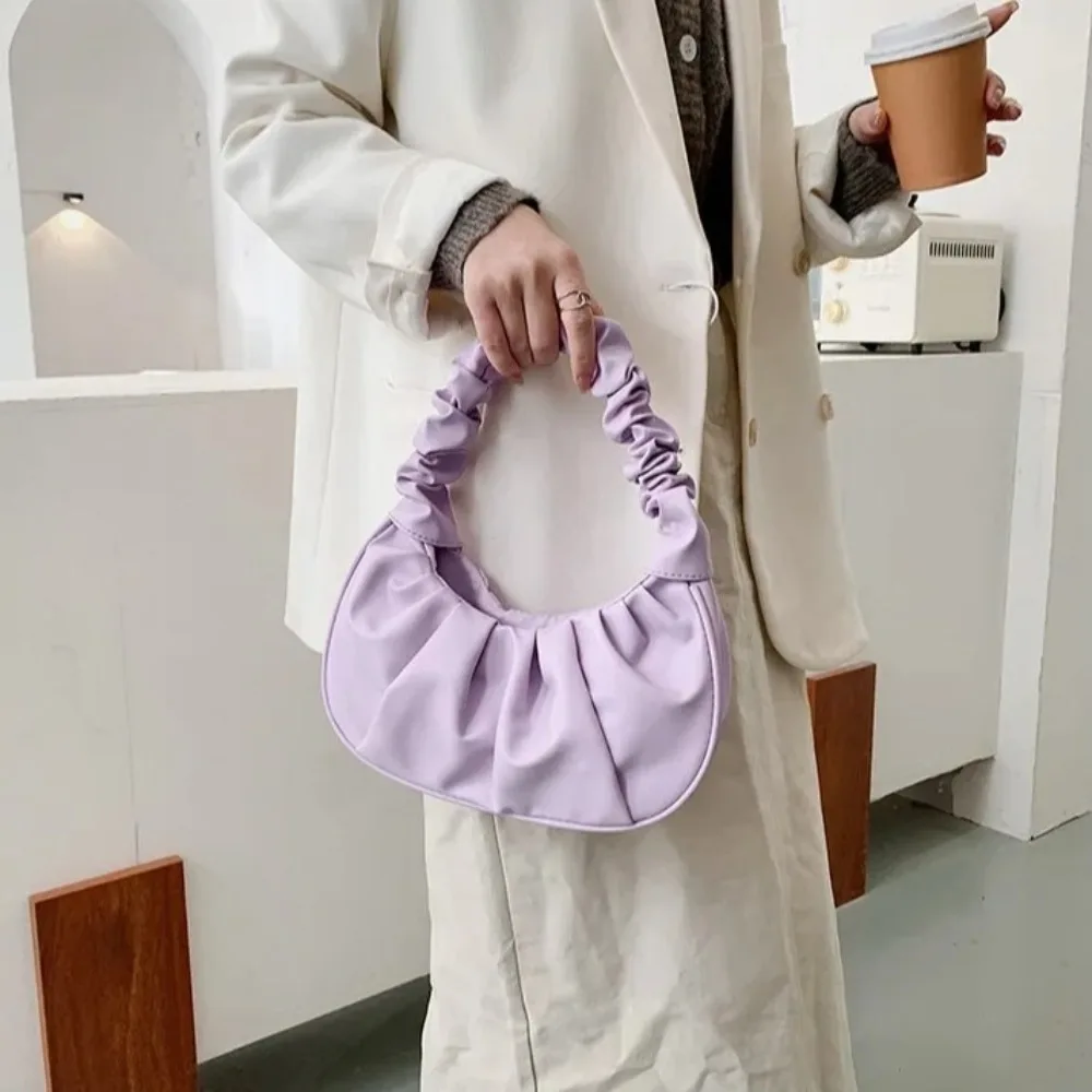 

Fashion Korean Style Pleated Handbag Square Crescent Moon Cloud Bag Single Shoulder Dumpling Bag PU Leather Underarm Bag Girl