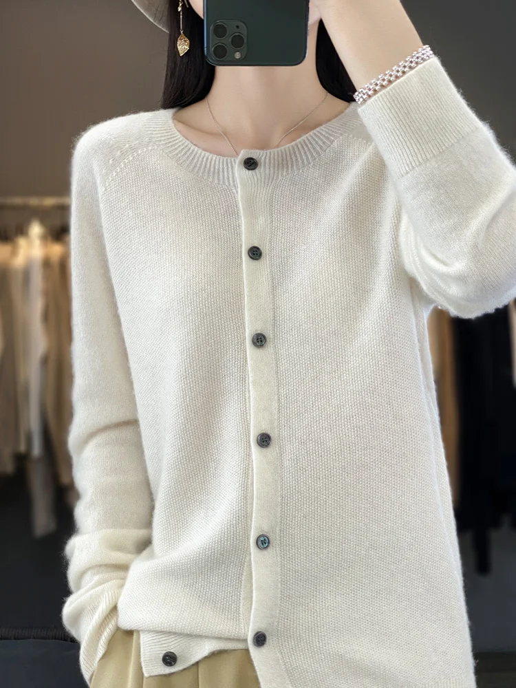 Cardigã de caxemira com decote em O feminino 100% lã merino, suéter de manga longa, malha, roupas femininas, tops da moda, primavera, outono