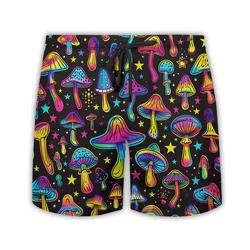 3D Printed Magic Mushroom Beach Shorts For Men Colorful Plants Pattern Short Pants Casual Oversized Streetwear Surf Swim Trunks