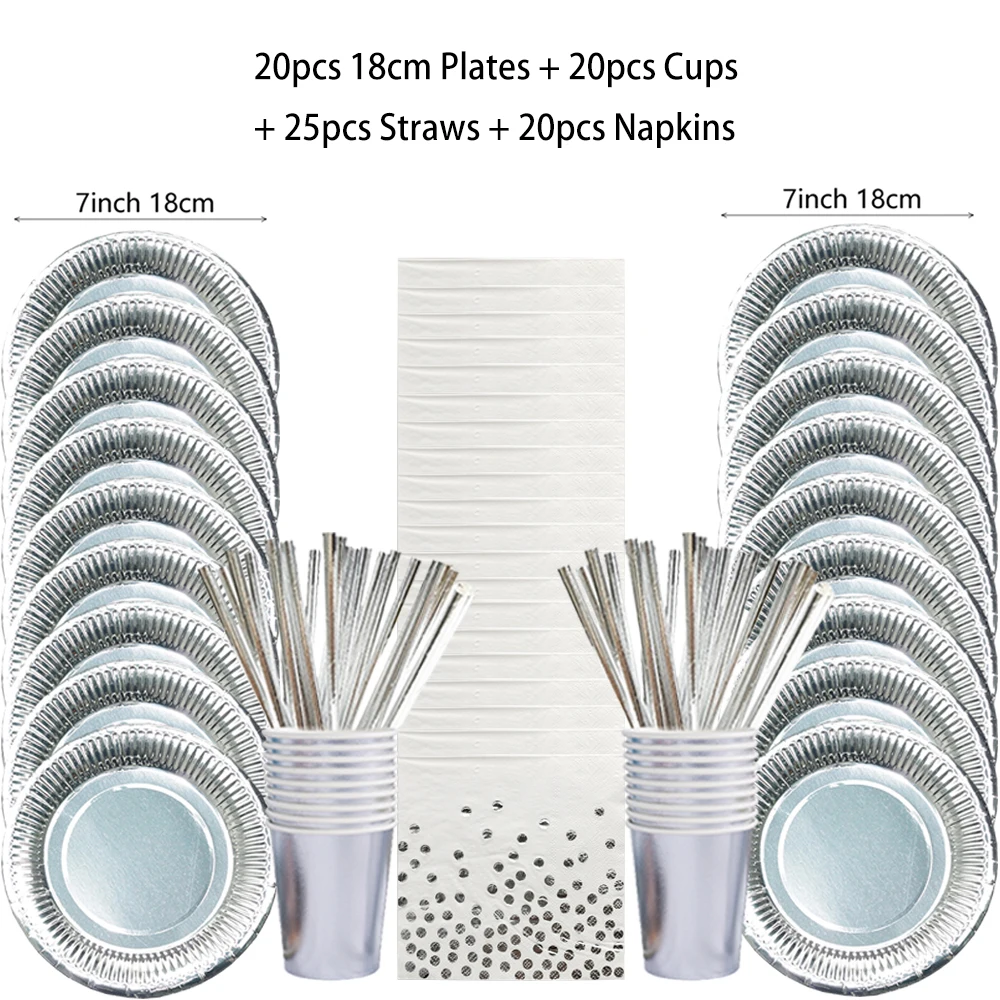 مجموعة أدوات المائدة الفضية للاستعمال مرة واحدة، أطباق فضية اللون، أكواب من القش، مفارش المائدة للبالغين، زينة حفلات أعياد الميلاد، مستلزمات الزفاف #3