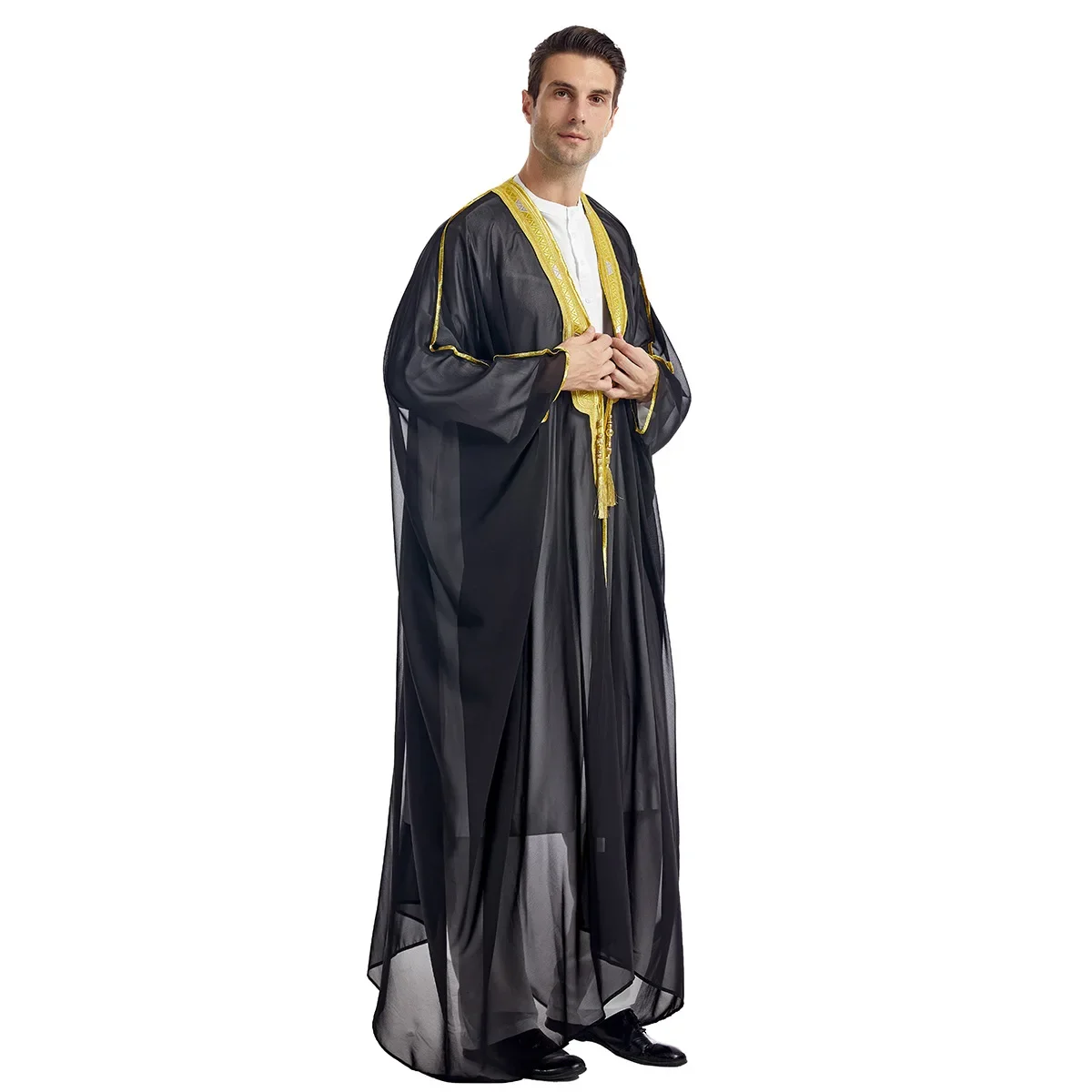 Muslimische Männer Jubba Thobe Herren Strickjacke Abaya bestickte Sonnen tag tragen muslimische Mode lange Kleider saudi arabische Chiffon Oberbekleidung