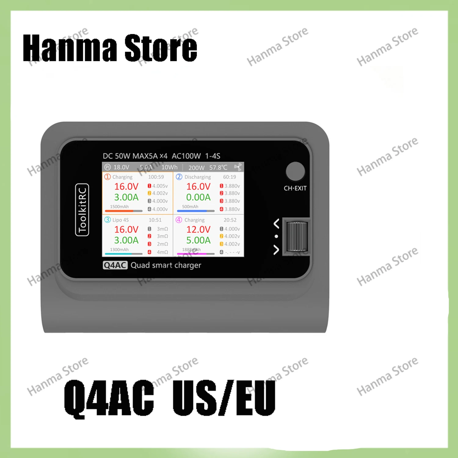 

ToolkitRC Q4AC charger XT60 Adapters IPS Bright With Clear Wide Angle Display 4x50w 5A AC 100W 4 Port DC Smart Discharger AC DC