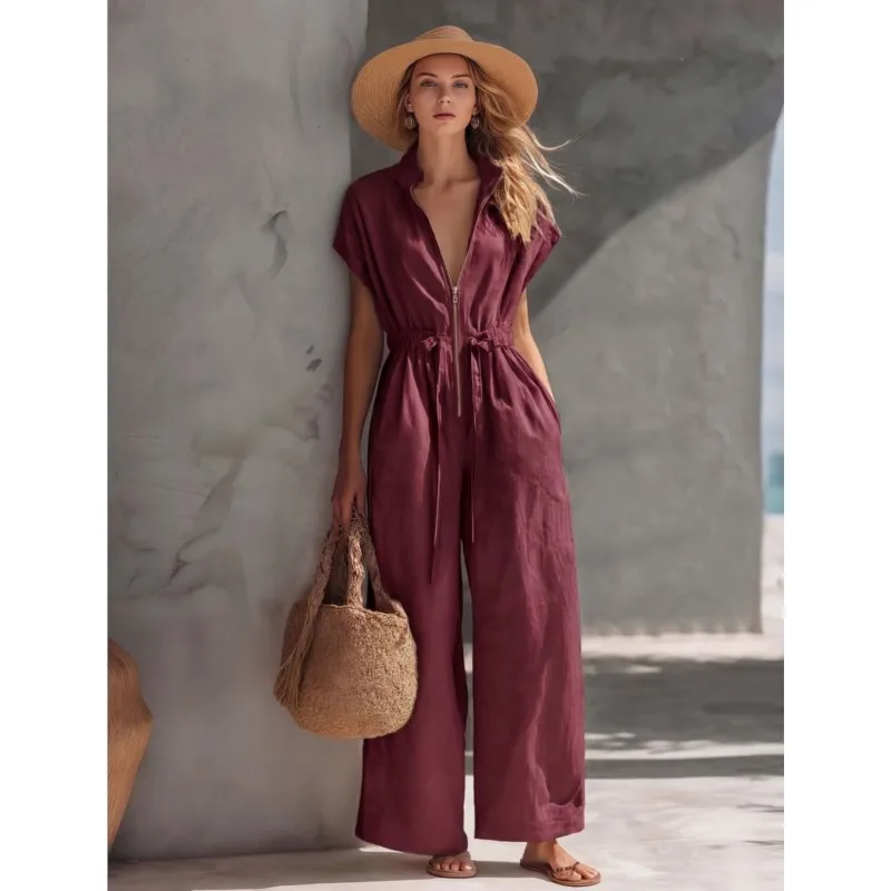 Retro High Street Womens Jumpsuit Casual V-neck Short-sleeved Zipper Drawstring Solid Color Jumpsuit With Pocket Summer 2026 New