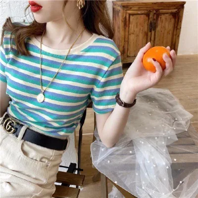 2024 Style Striped Women's Short Sleeve T-shirt Slim Fit Top Student Korean Style Bottom shirt