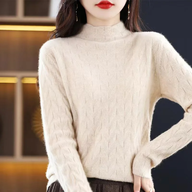 

2025Autumn Winter Semi High Neck Dotted Jacquard Knitted Base Pure Wool sweater Versatile Women's Long Sleeved Wool Sweater