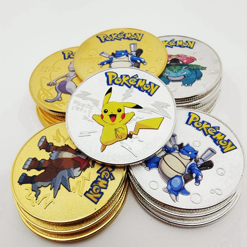 Golden Pokemon Coins Metal Pikachu Coins Charizard Mewtwo Pikachu Metal Pokemon Card Round Game Collection Card Anime Toys