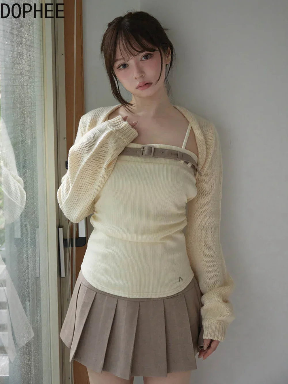 

Japanese Autumn Winter Three-piece Set Leather Buckle Slim Tanks Top Knitted Cardigans Shirt Elegant Mini Pleated Skirt Suits