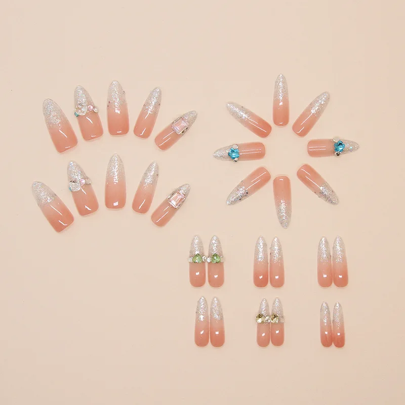 30 pieces of long almond shaped press on nails French sparkling diamond fake nails with 1 sheet of nail glue and 1 nail file