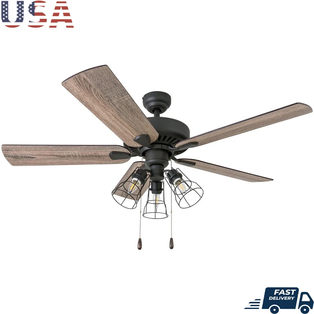 

52 дюймаBronzeCeilingFan5Blades3ArmCageLightKitPullChainsReversibleMotorQuietOperationHighAirFlowВнутреннее освещениеHomeDecor