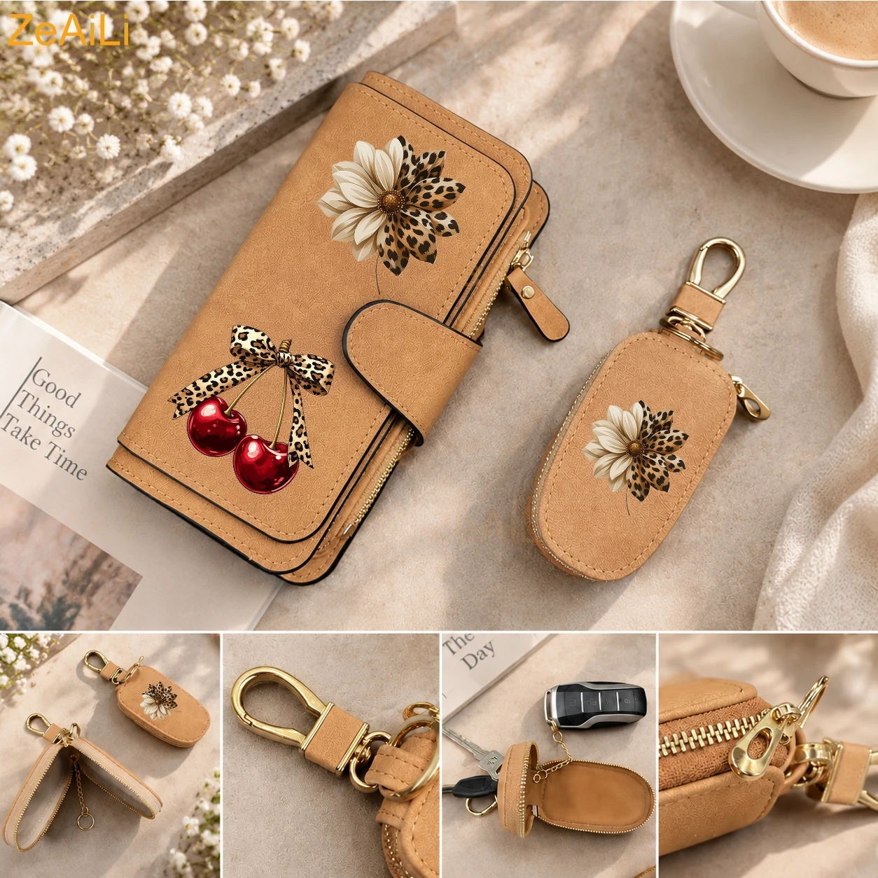 2Pcs Wallet+ Key Case Sets Leopard Flower Cherry Print Women Wallet Multi-Card Slot Zipper Clutch Purse Card Holder Money Clip