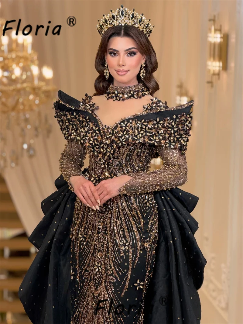 Black Gold Evening Dresses With Overskirt Long Sleeve 3D Floral Beads Formal Gown High Neck Rhinestone Crown Wedding Party Dress