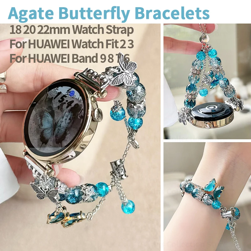 

18 20 22 Luxury Agate Butterfly Bracelets for Huawei Watch GT 4 3 Pro Stainless Steel Wristband for Galaxy Watch 4 Strap Jewelry