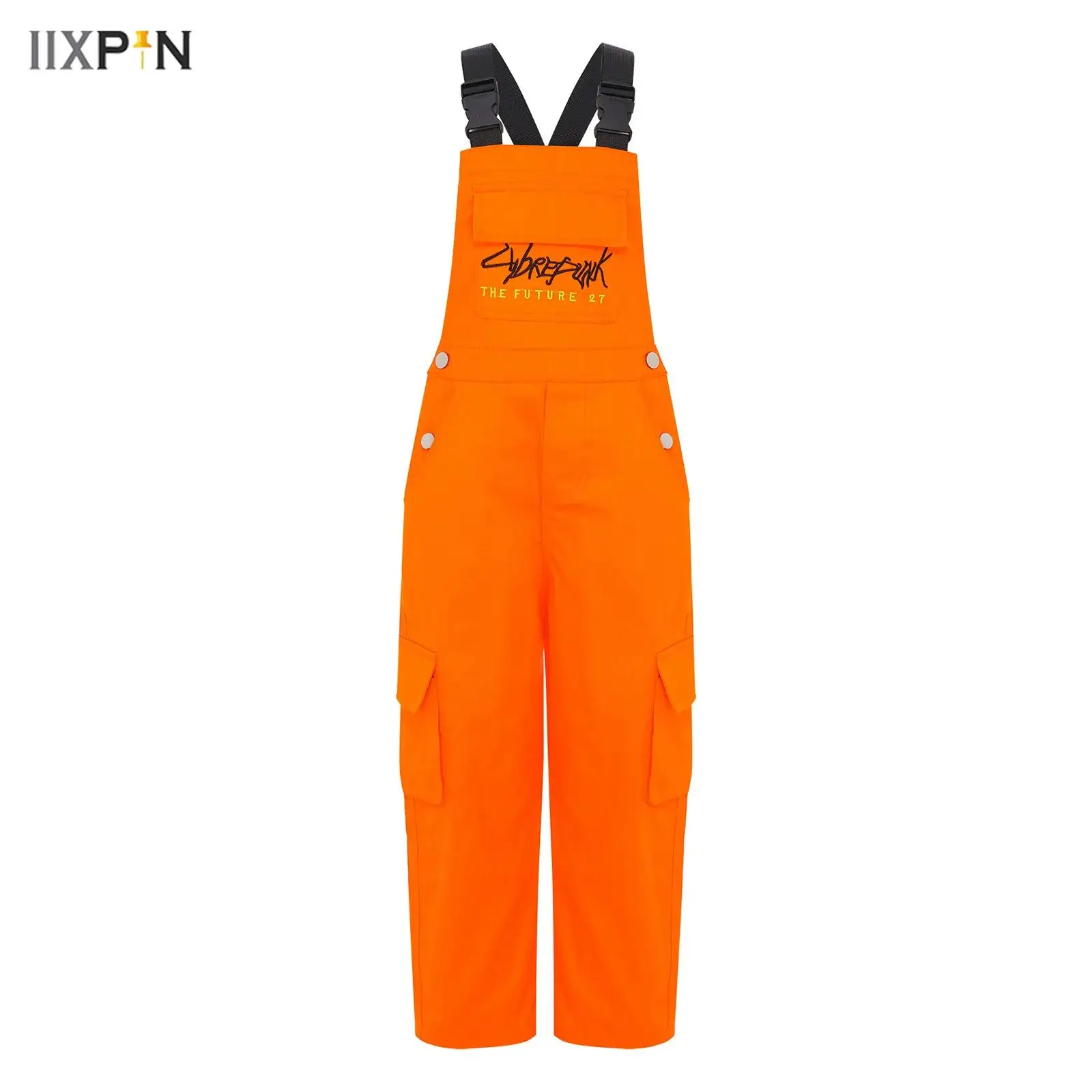 Girls Boys Hip-Hop Street Dance Bib Overall Letter Embroidery Jumpsuit Adjustable Buckle Shoulder Straps Coveralls with Pockets