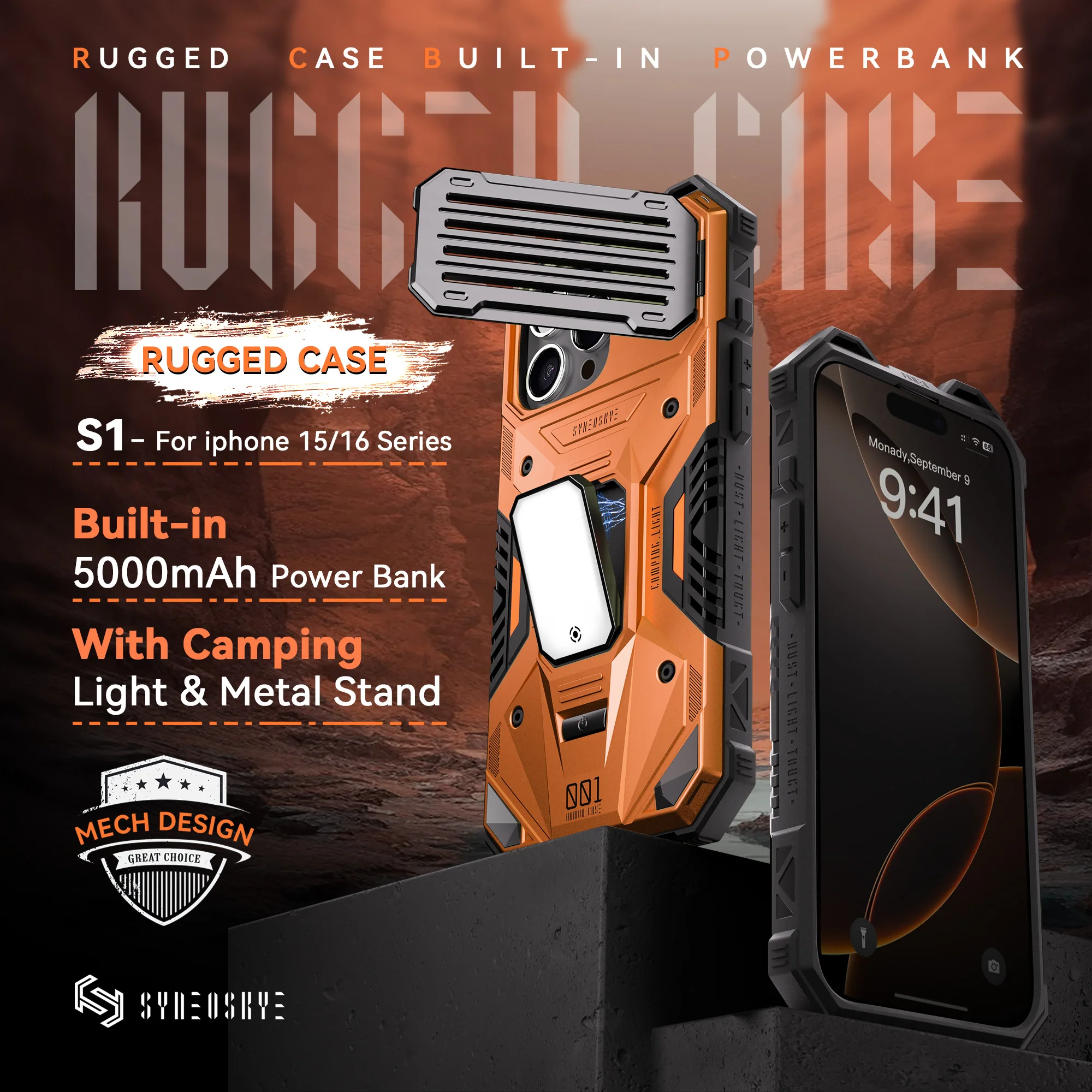 

SYNEOSKYE Case For iPhone 16 Pro Max Power Bank Charging Case Outdoor Stand Phone Case For iPhone 15 Pro Max With Magnetic Light