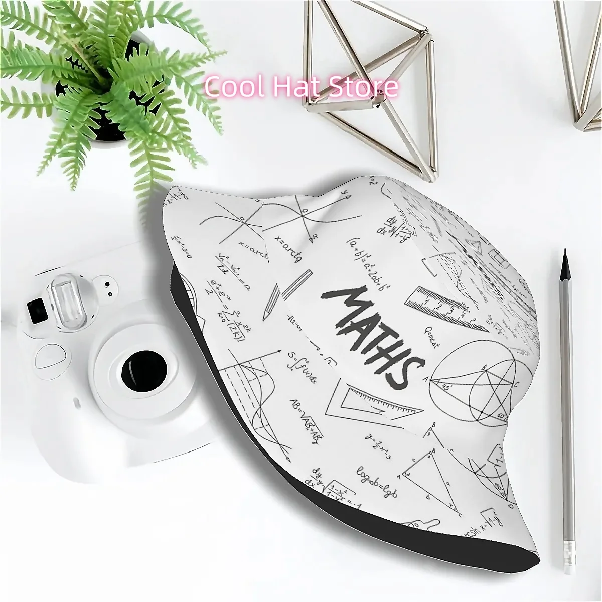 1pc Math-Themed Unisex Bucket Hat with Doodle Math Formulas & Symbols (Pythagorean Theorem, Pi) - White & Black Chalk-Style Prin