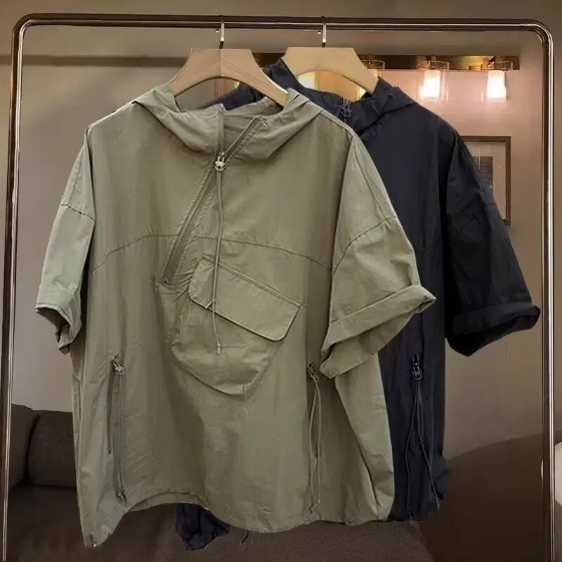 Solid Color Zipper Hooded Short-sleeved T-shirt Men's 2026 Summer Trend Tooling Pocket Design Half-sleeved T-shirt Loose