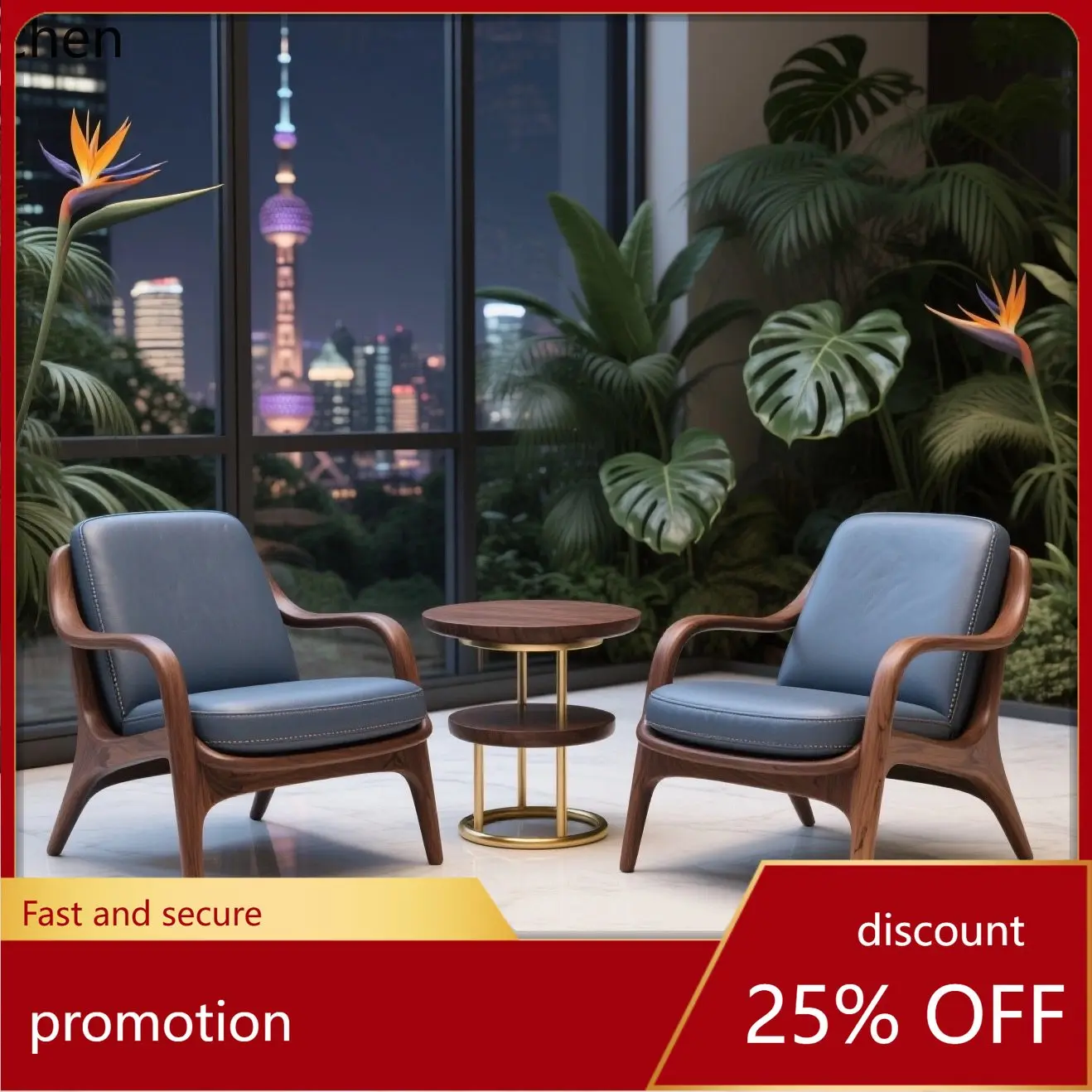 

ZML New Chinese Style Leisure Chair Genuine Leather Single Chair Office Balcony Solid Wood Furniture