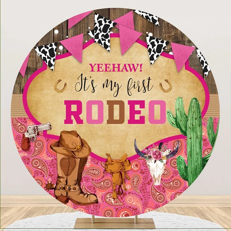 Pink Cowgirl Backdrop Round Cover My First Rodeo Birthday Girls Party Decorations Banner Circle Photo Background for Photography