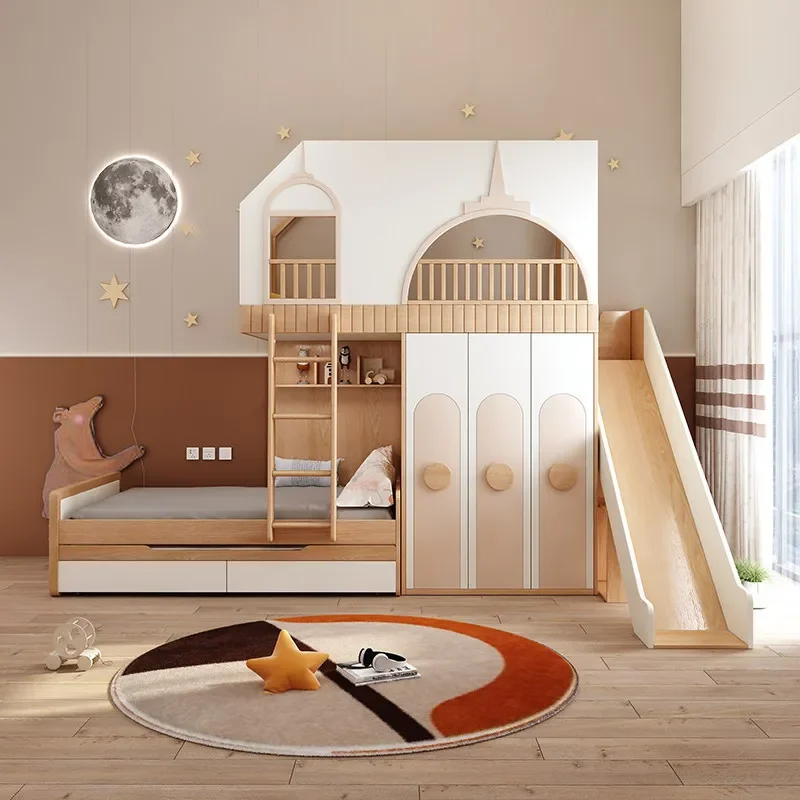 Castle Style Solid Wood Kids Bunk Bed with Wardrobe and Slide High Low Bed with High Guardrail Dislocation Design for