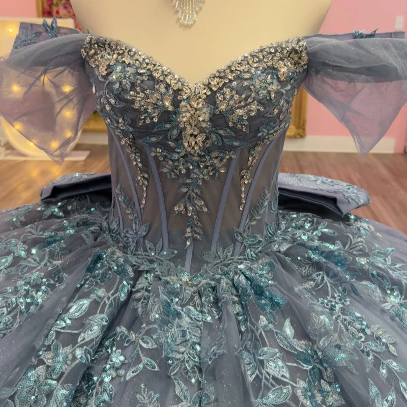 

Haze Blue Quinceanera Dresses Off the Shoulder Glitter Crystal Decal Long tail Bow Vestido De 15 Quinceanera Customize