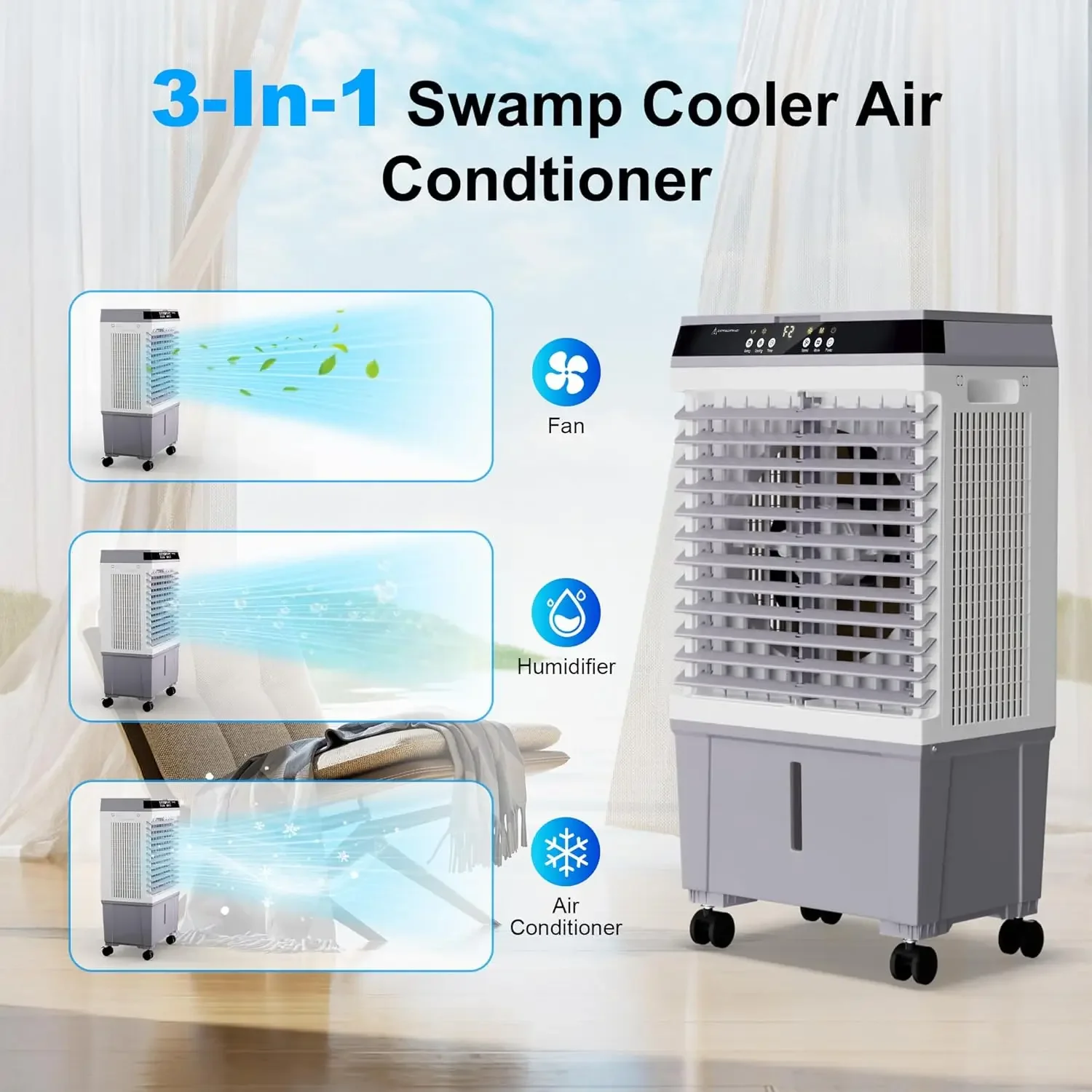 

Swamp Cooler Air Conditioner, Evaporative Air Cooler with 5.3 Gallon Water Tank, 4 Ice Box, Remote, 12H Timer, 120°Oscillation